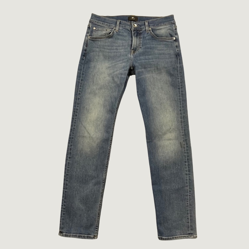 7 For All Mankind SLIMMY Mens 32x31 Straight Leg Blue Denim Jeans Stretch Faded